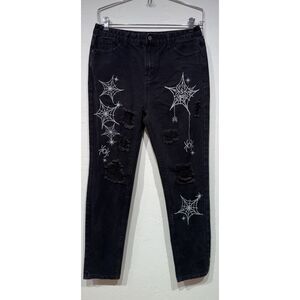 Spiderweb Spider Distressed Black Jeans Goth Grunge Mall Goth Punk Women Sz 29"